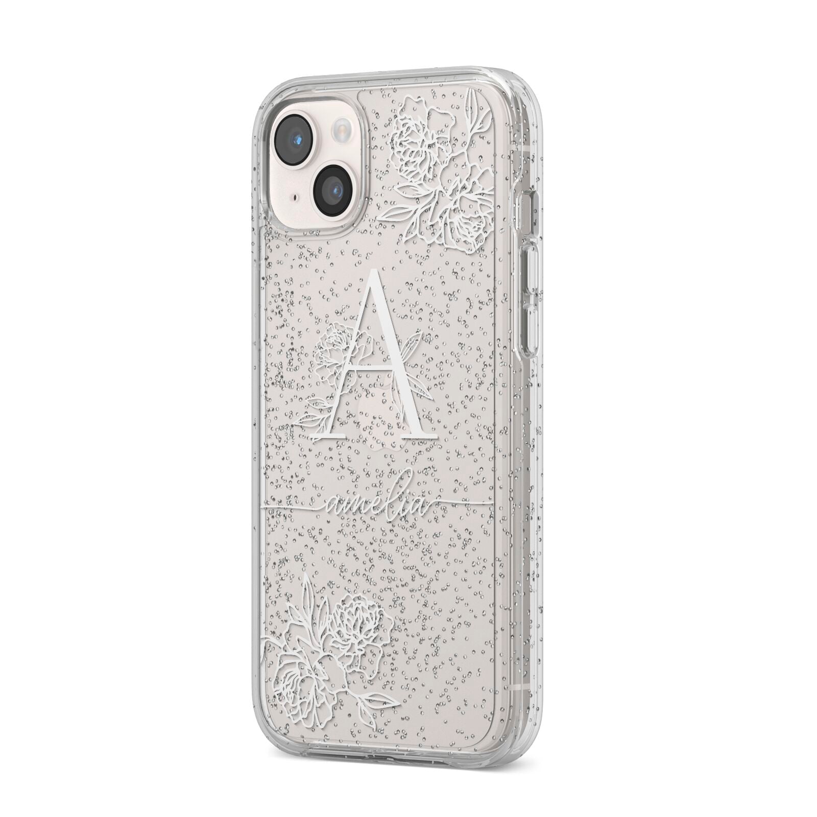 Personalised Floral Initial with Name iPhone 14 Plus Glitter Tough Case Starlight Angled Image