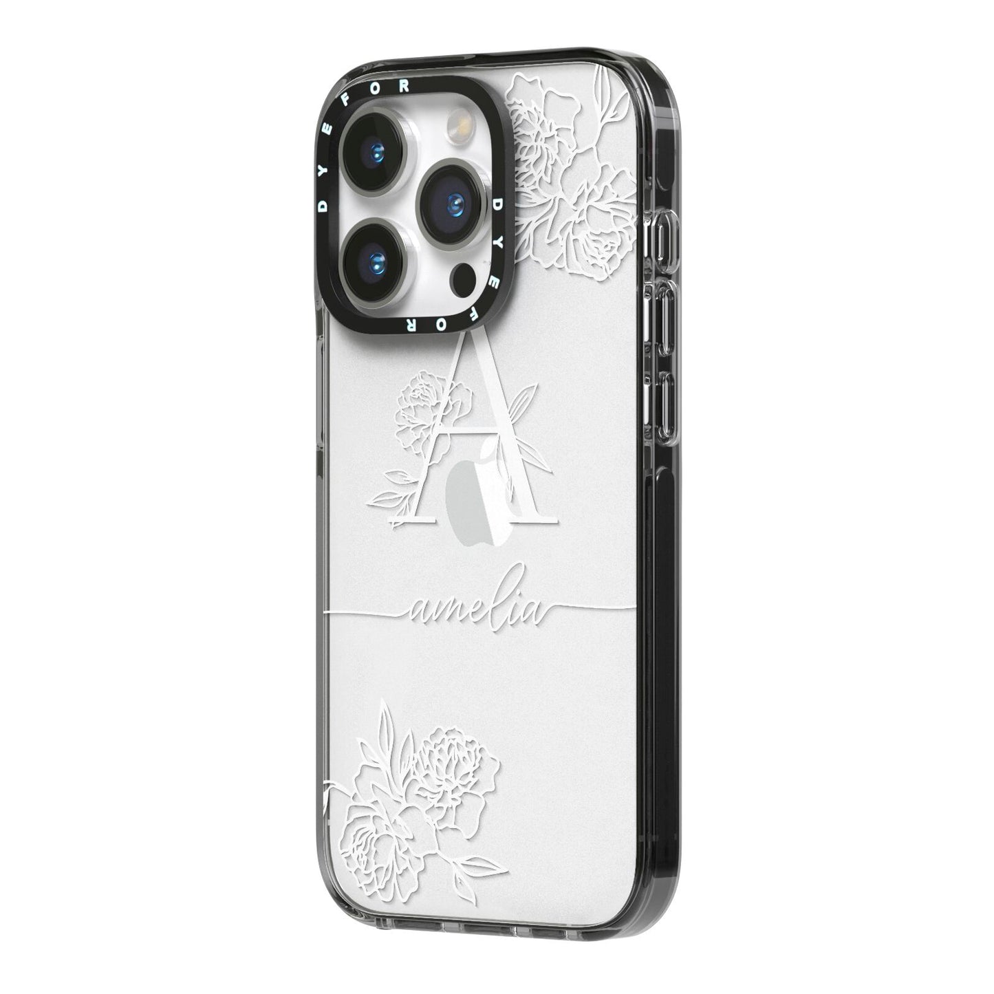 Personalised Floral Initial with Name iPhone 14 Pro Black Impact Case Side Angle on Silver phone
