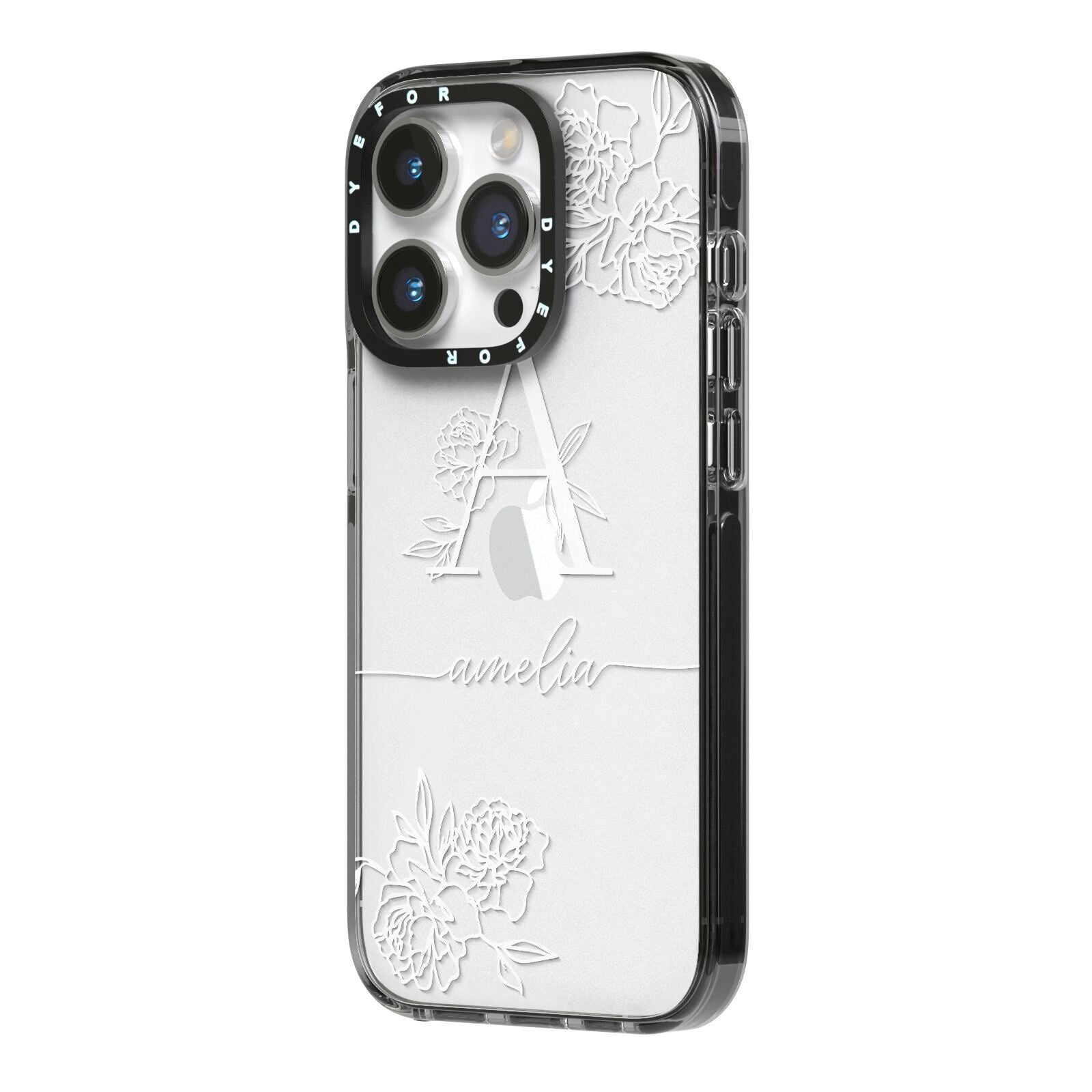 Personalised Floral Initial with Name iPhone 14 Pro Black Impact Case Side Angle on Silver phone