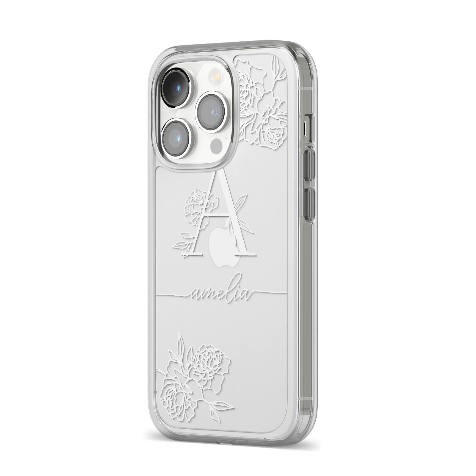Personalised Floral Initial with Name iPhone 14 Pro Clear Tough Case Silver Angled Image