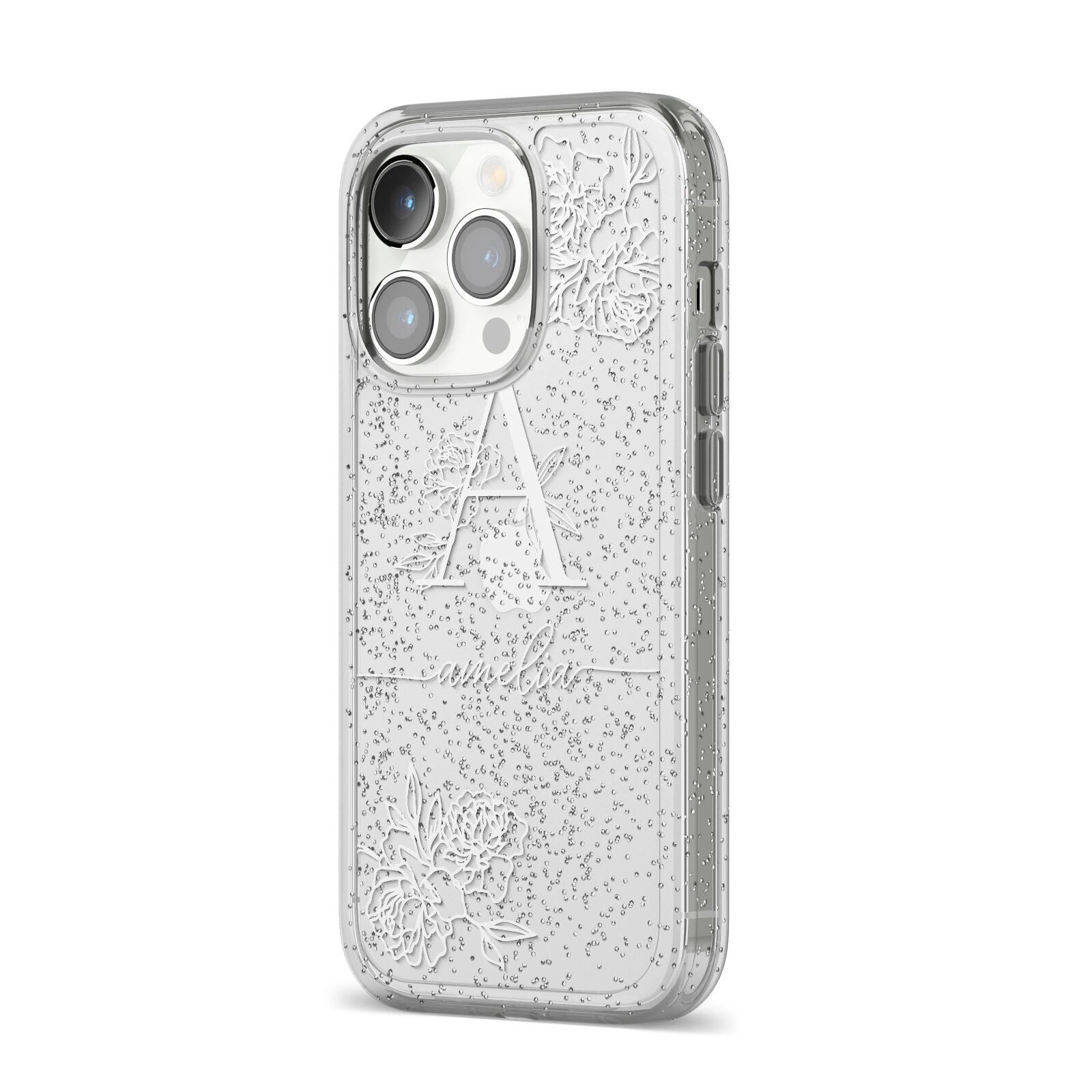 Personalised Floral Initial with Name iPhone 14 Pro Glitter Tough Case Silver Angled Image