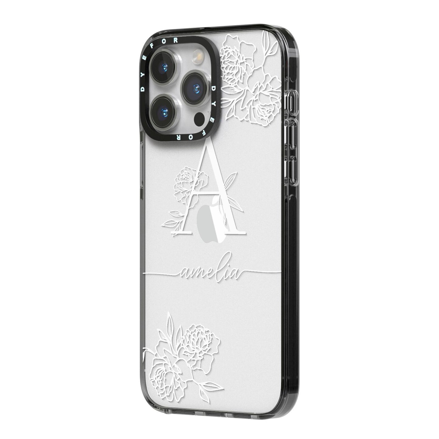 Personalised Floral Initial with Name iPhone 14 Pro Max Black Impact Case Side Angle on Silver phone