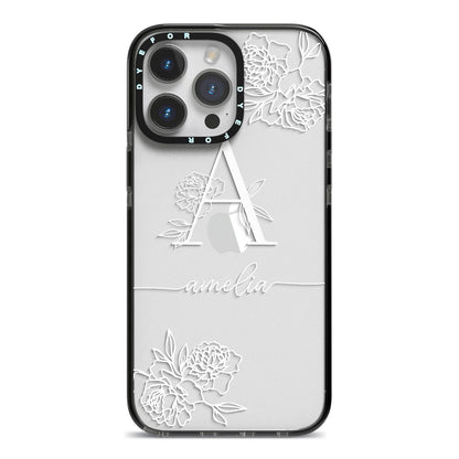 Personalised Floral Initial with Name iPhone 14 Pro Max Black Impact Case on Silver phone