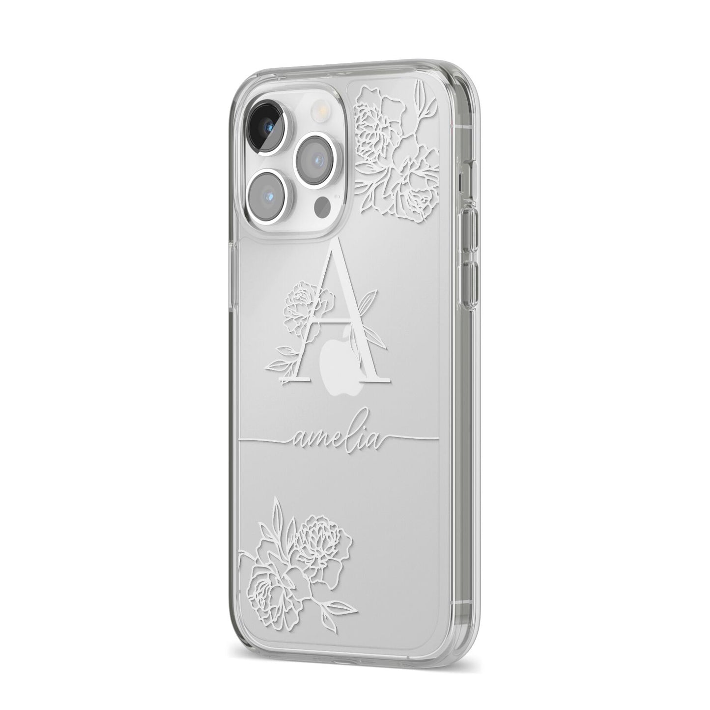 Personalised Floral Initial with Name iPhone 14 Pro Max Clear Tough Case Silver Angled Image