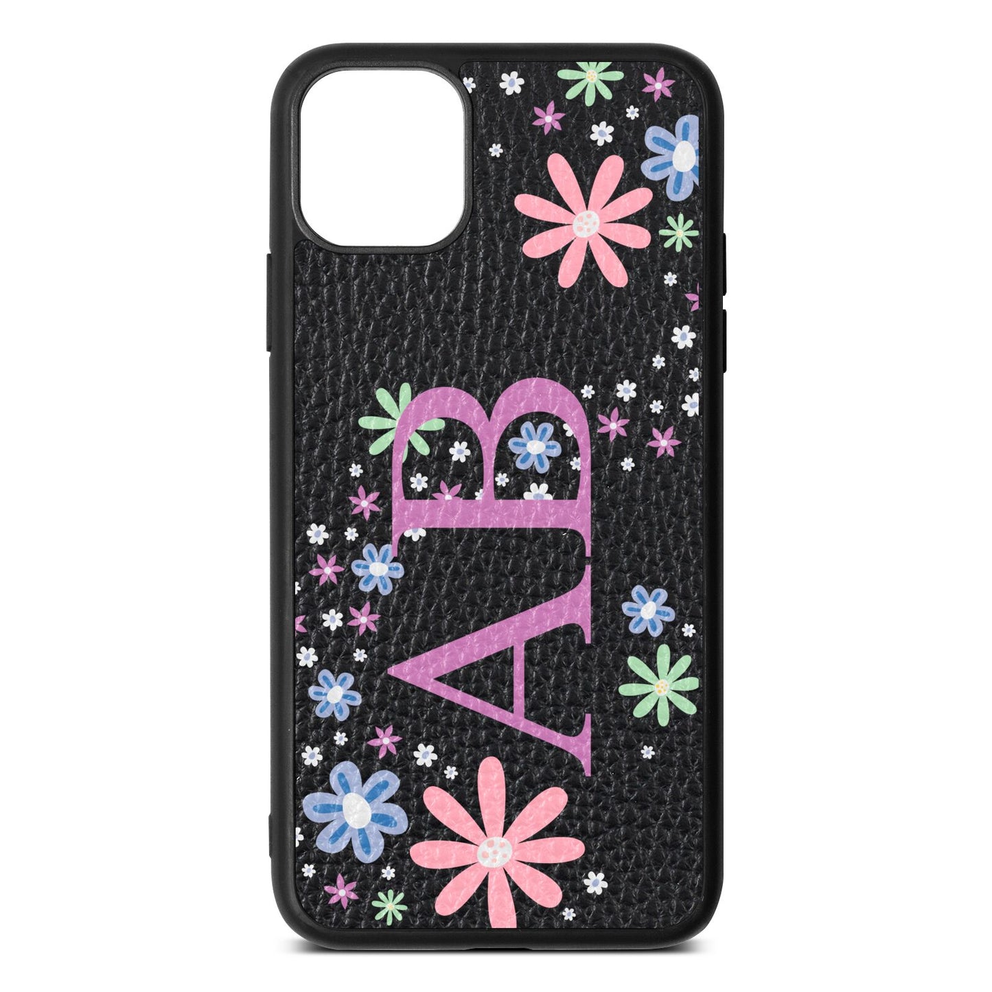 Personalised Floral Initials Black Pebble Leather iPhone 11 Pro Max Case