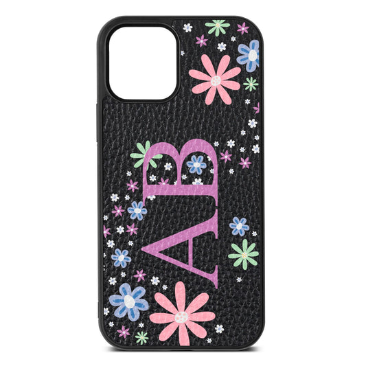 Personalised Floral Initials Black Pebble Leather iPhone 12 Case