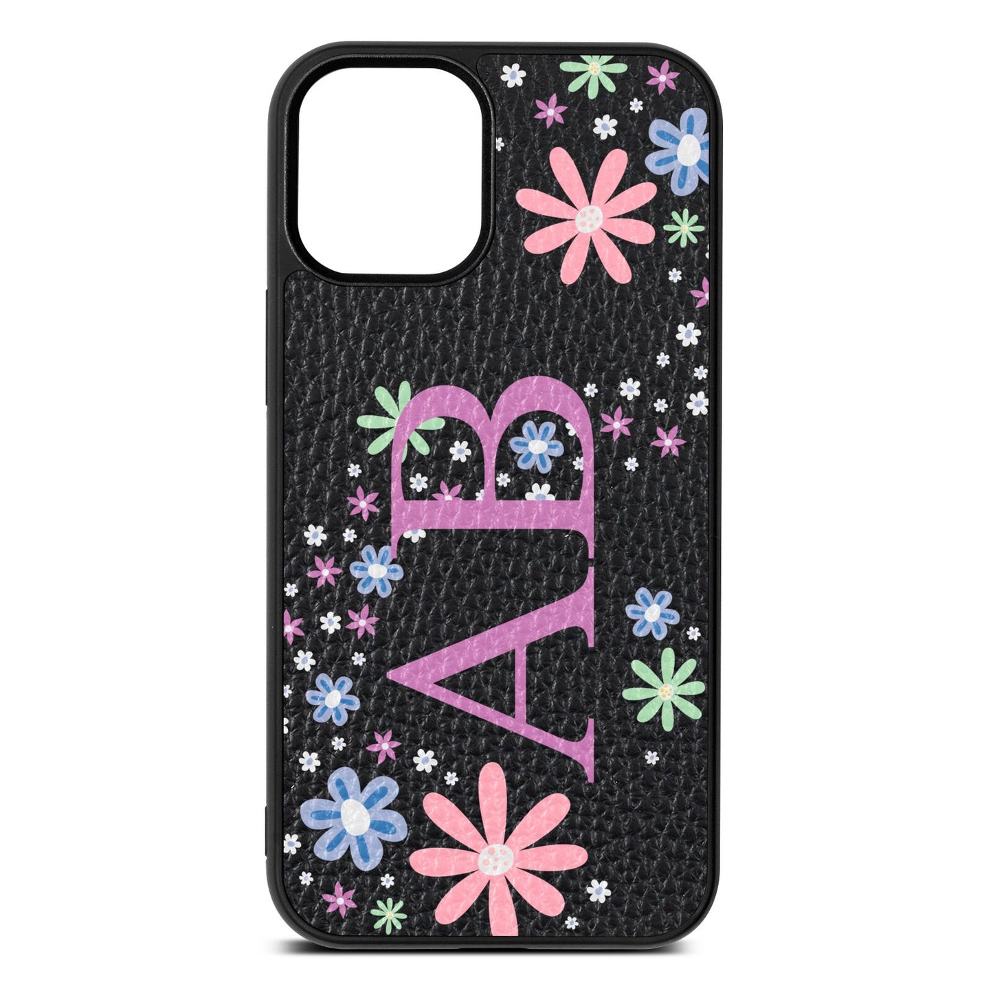 Personalised Floral Initials Black Pebble Leather iPhone 12 Mini Case