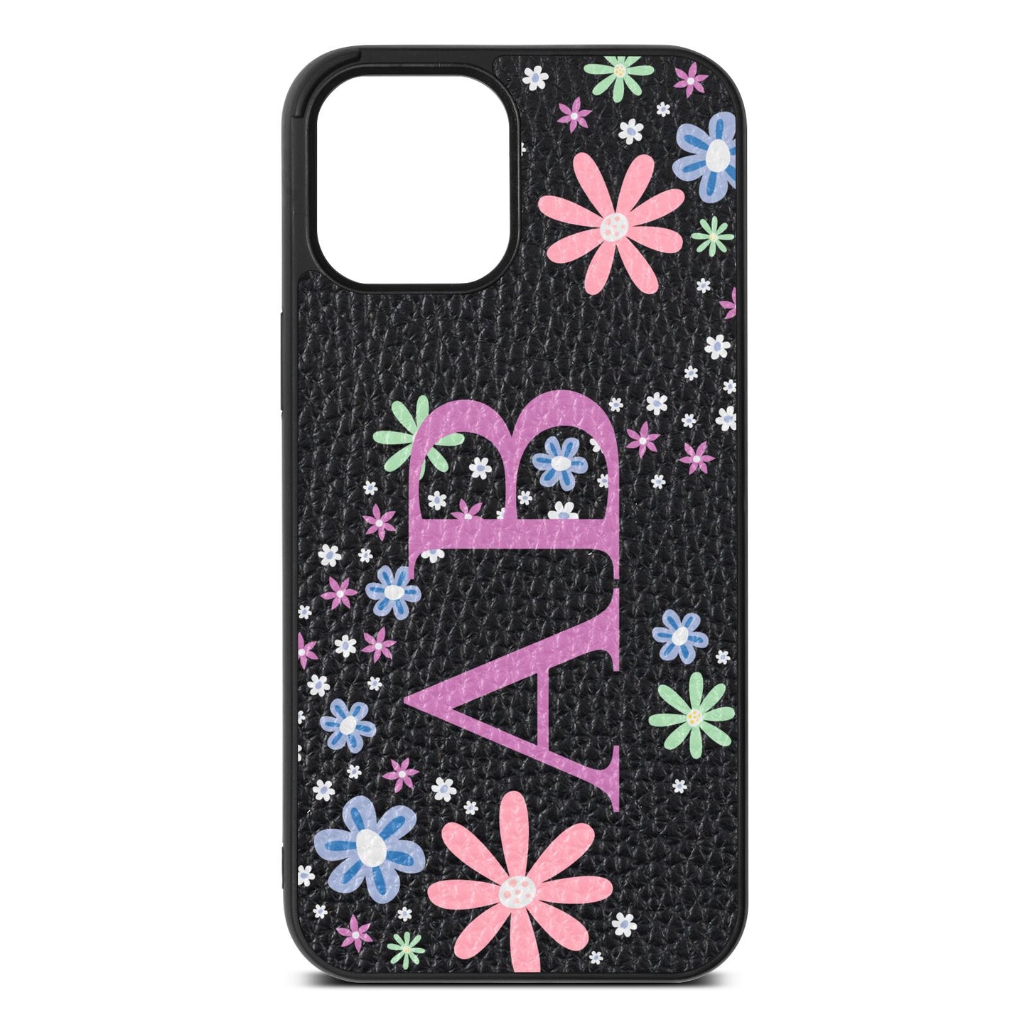 Personalised Floral Initials Black Pebble Leather iPhone 12 Pro Max Case