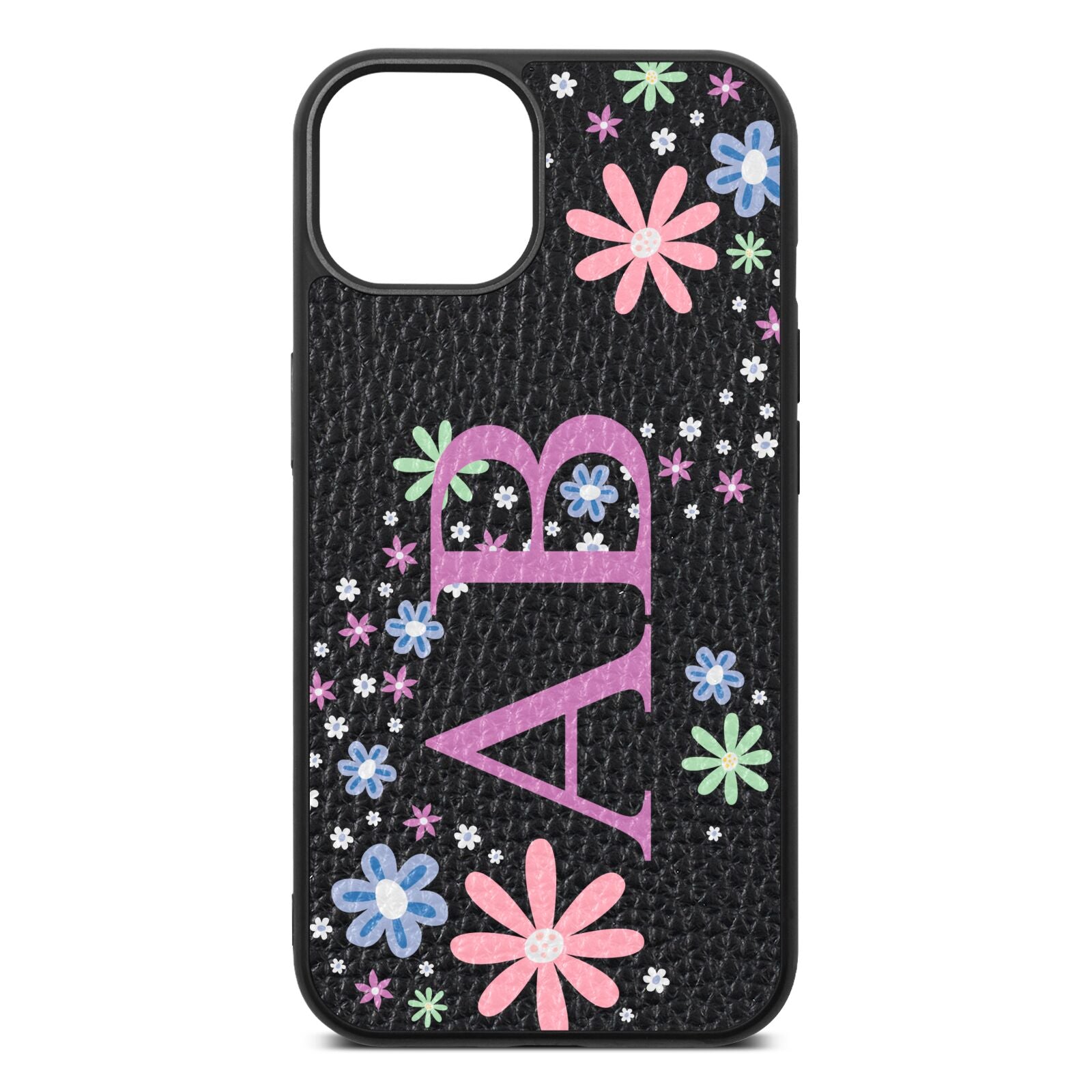 Personalised Floral Initials Black Pebble Leather iPhone 13 Case