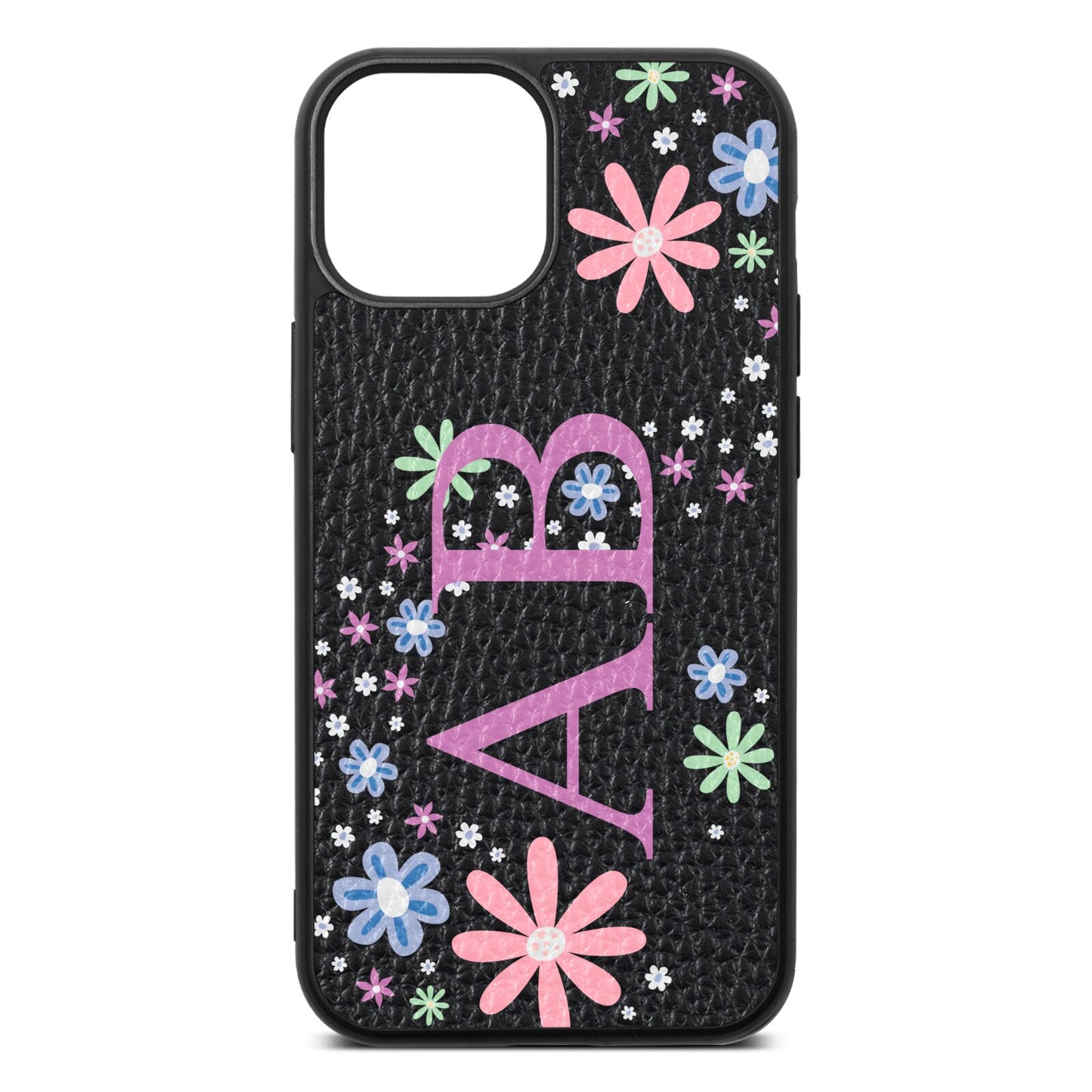 Personalised Floral Initials Black Pebble Leather iPhone 13 Mini Case