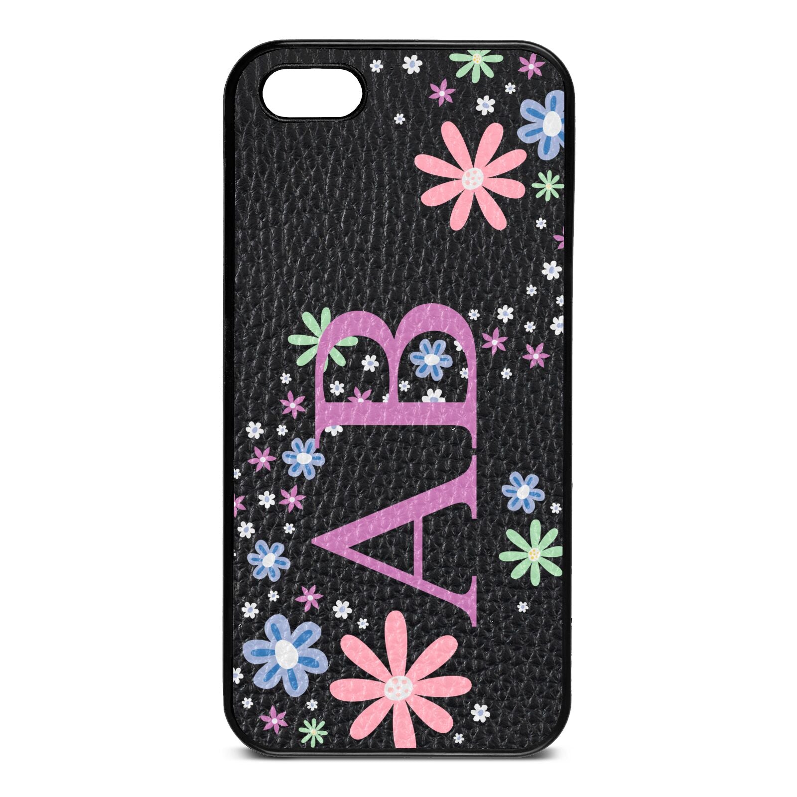 Personalised Floral Initials Black Pebble Leather iPhone 5 Case