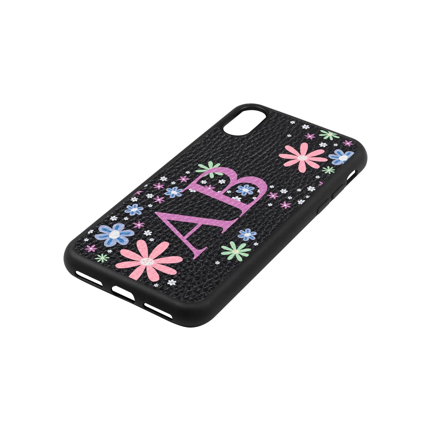 Personalised Floral Initials Black Pebble Leather iPhone Xs Case Side Angle