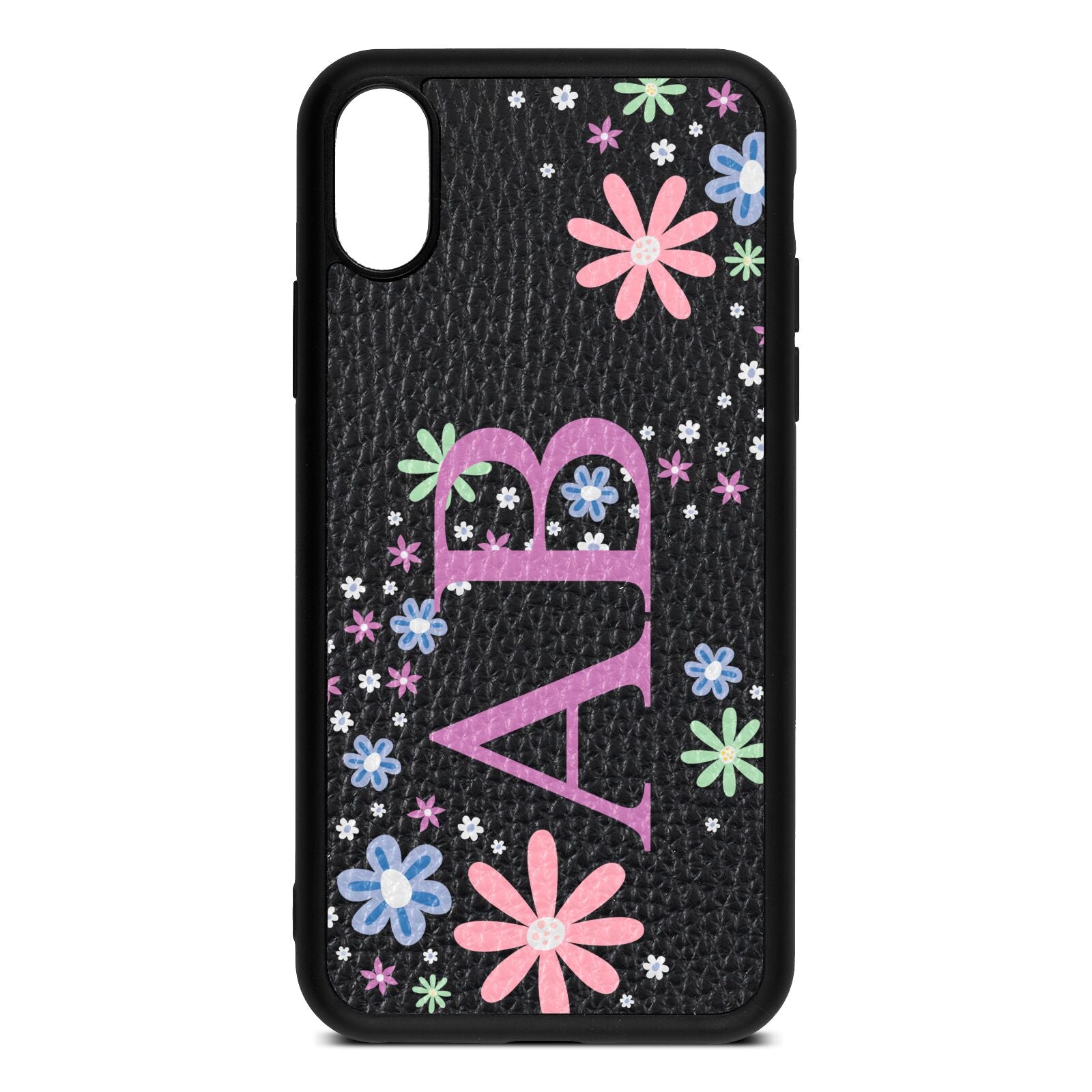 Personalised Floral Initials Black Pebble Leather iPhone Xs Case