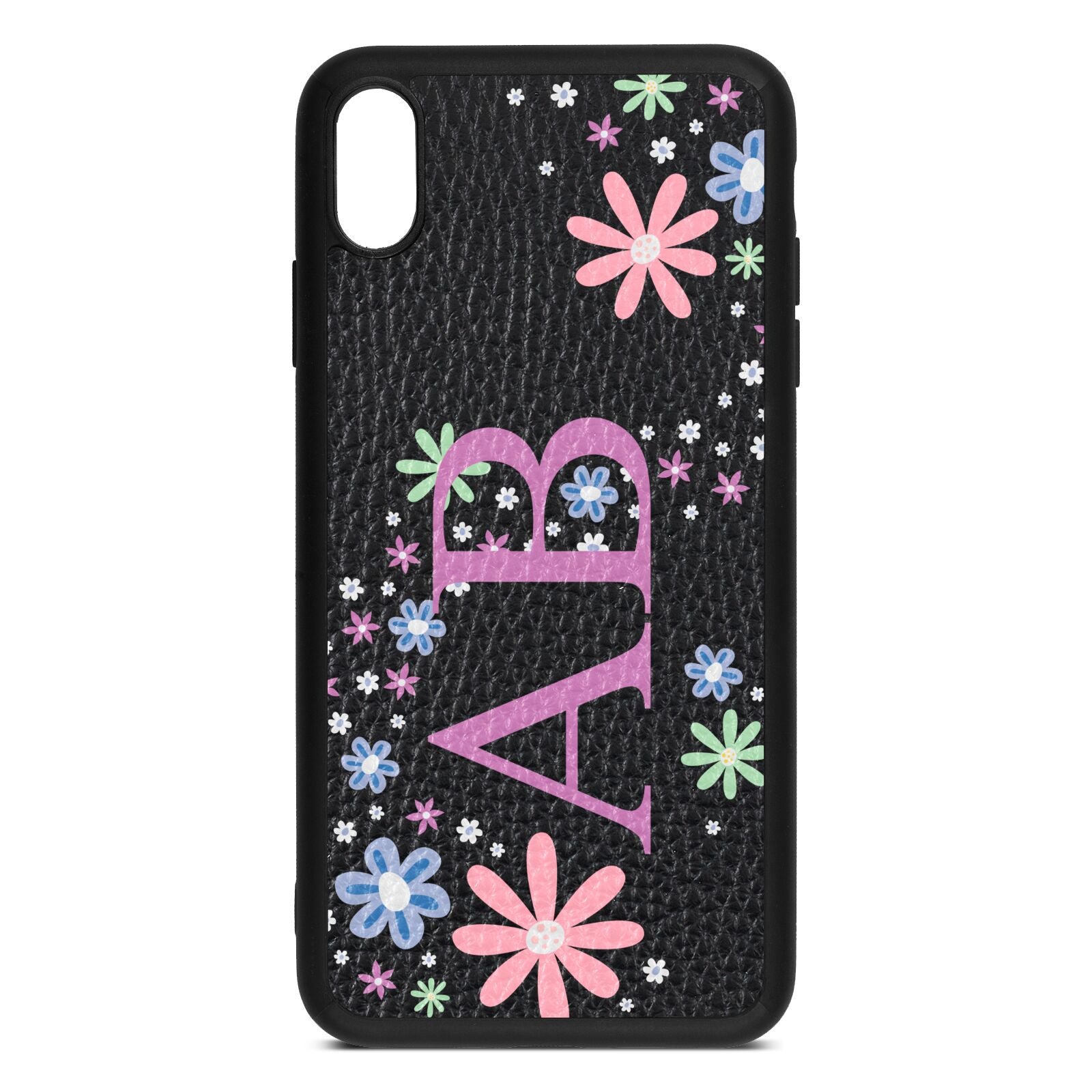 Personalised Floral Initials Black Pebble Leather iPhone Xs Max Case