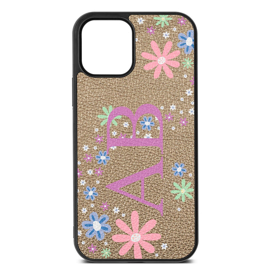 Personalised Floral Initials Gold Pebble Leather iPhone 12 Case