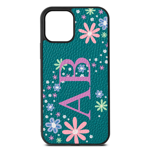 Personalised Floral Initials Green Pebble Leather iPhone 12 Case