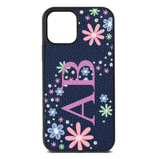Personalised Floral Initials Navy Blue Pebble Leather iPhone 12 Case