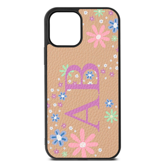 Personalised Floral Initials Nude Pebble Leather iPhone 12 Case