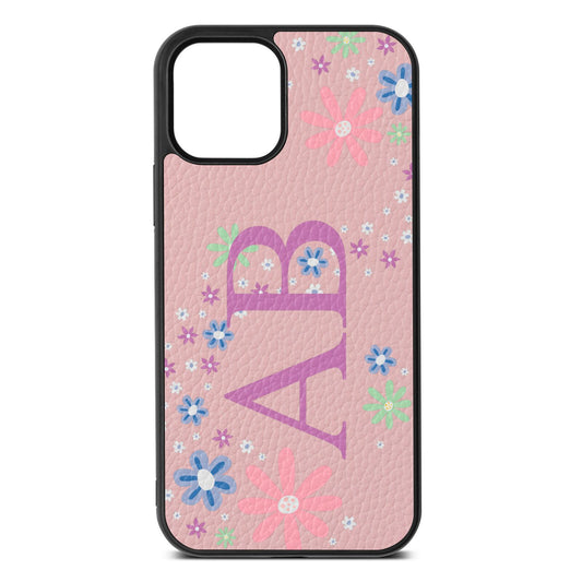 Personalised Floral Initials Pink Pebble Leather iPhone 12 Case