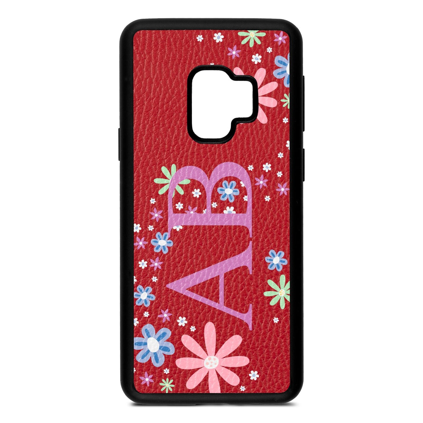 Personalised Floral Initials Red Pebble Leather Samsung S9 Case