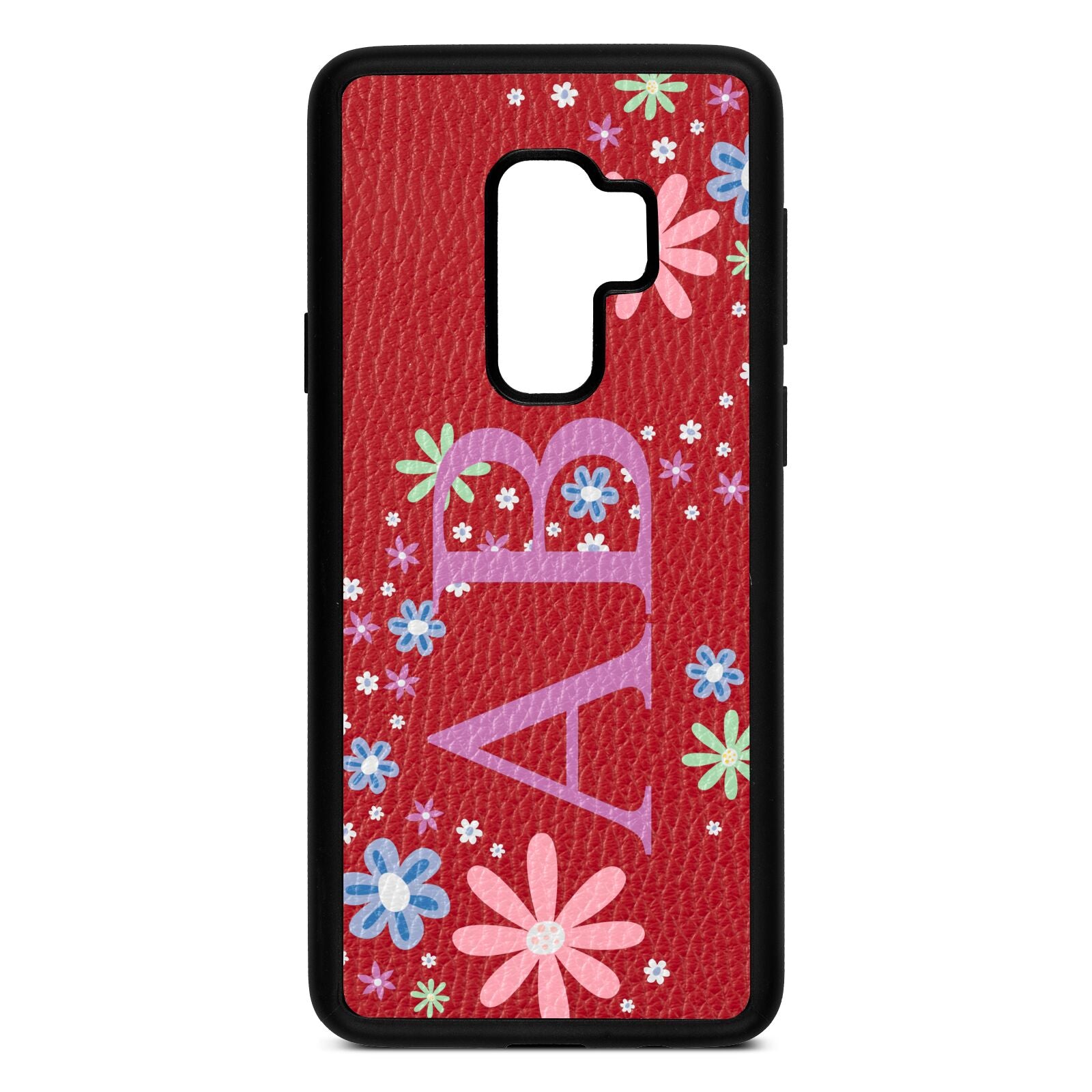 Personalised Floral Initials Red Pebble Leather Samsung S9 Plus Case