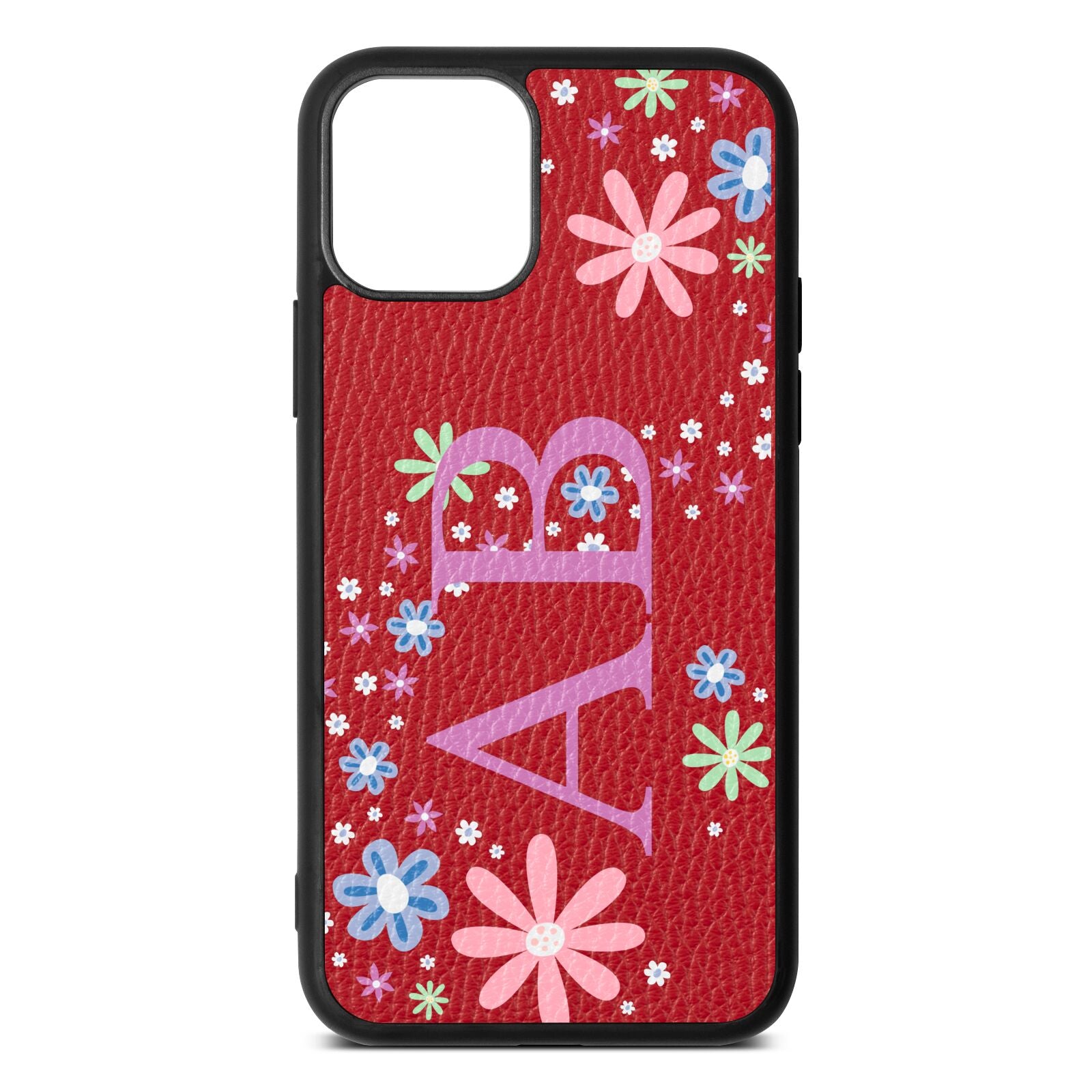 Personalised Floral Initials Red Pebble Leather iPhone 11 Case