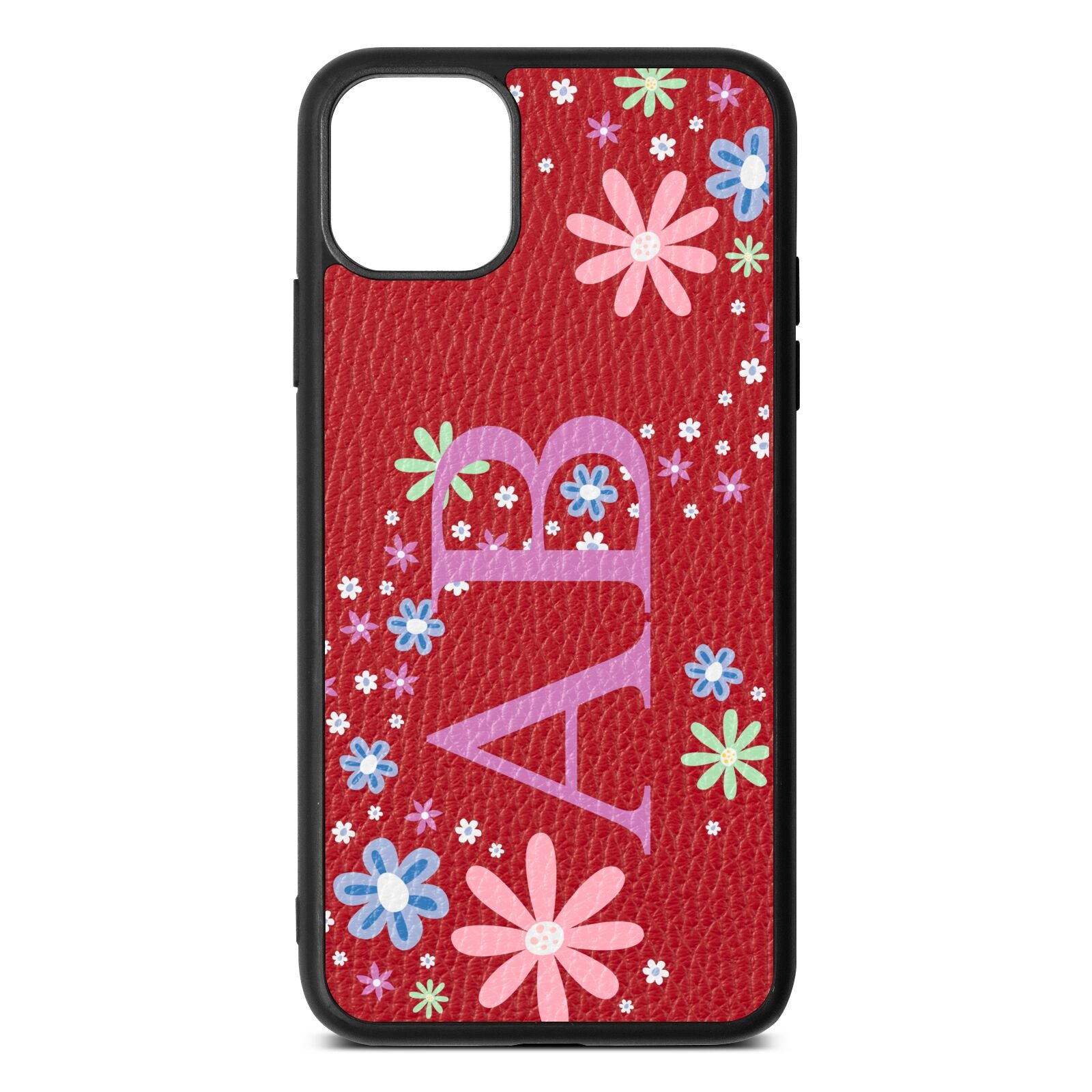 Personalised Floral Initials Red Pebble Leather iPhone 11 Pro Max Case