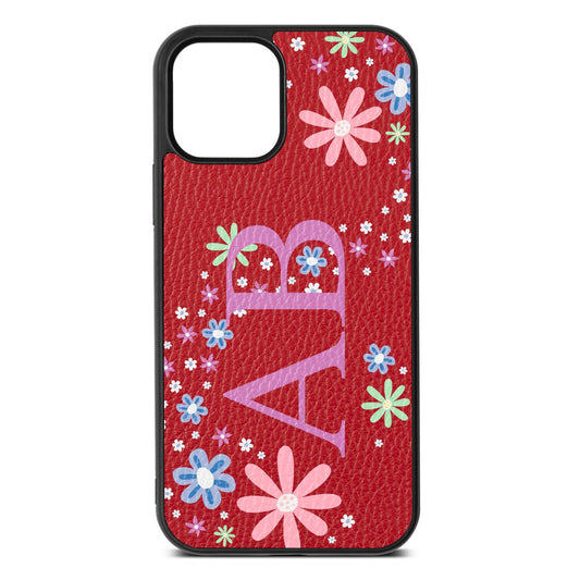 Personalised Floral Initials Red Pebble Leather iPhone 12 Case
