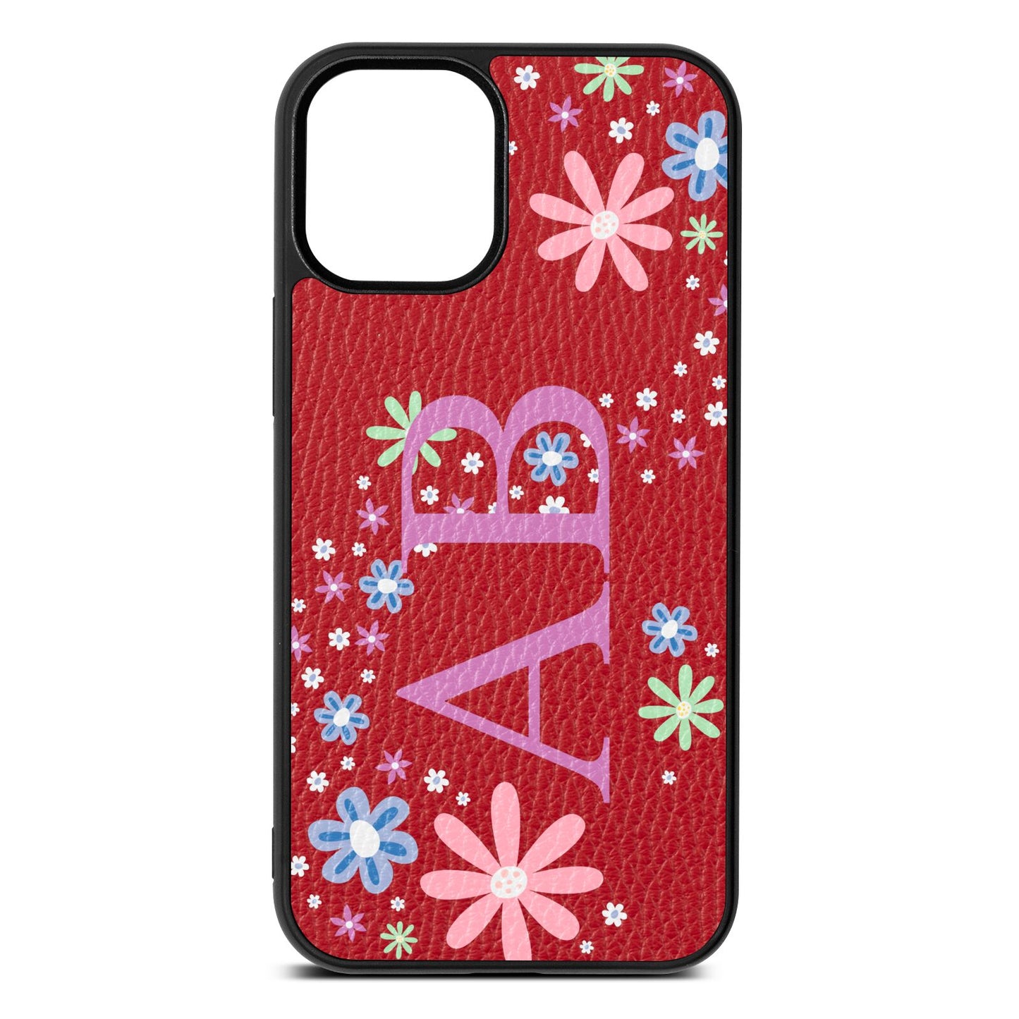 Personalised Floral Initials Red Pebble Leather iPhone 12 Mini Case