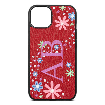 Personalised Floral Initials Red Pebble Leather iPhone 13 Case