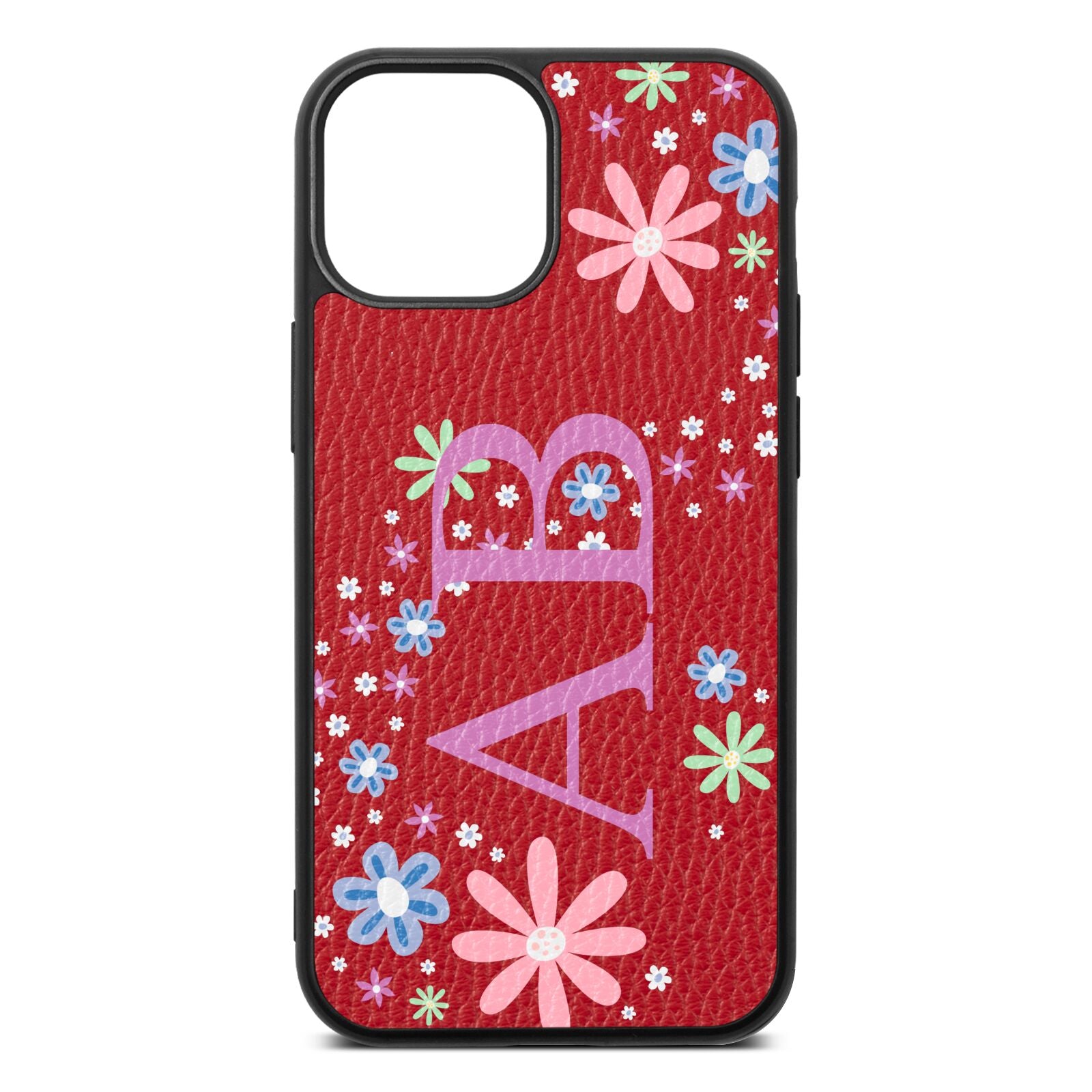 Personalised Floral Initials Red Pebble Leather iPhone 13 Mini Case