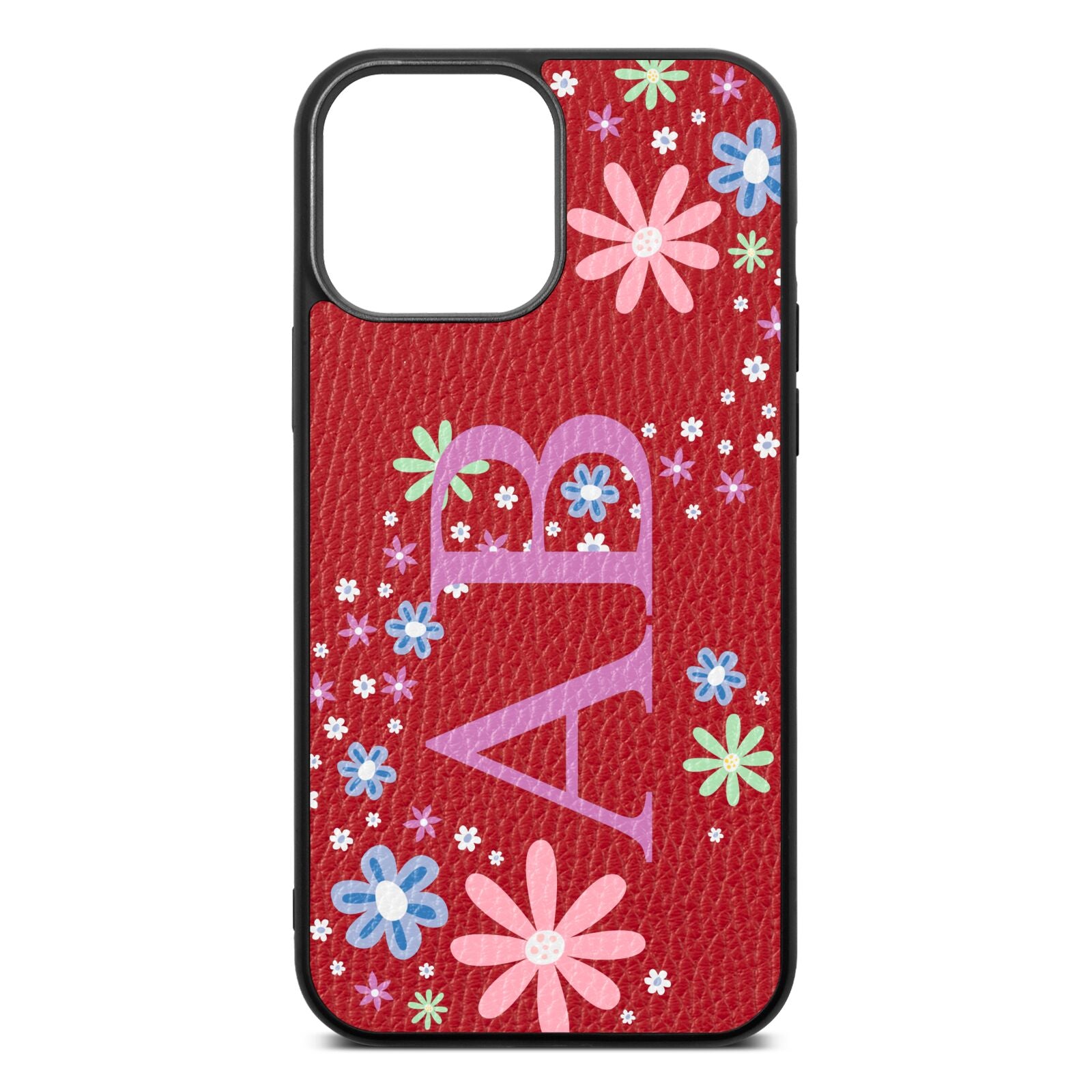 Personalised Floral Initials Red Pebble Leather iPhone 13 Pro Max Case