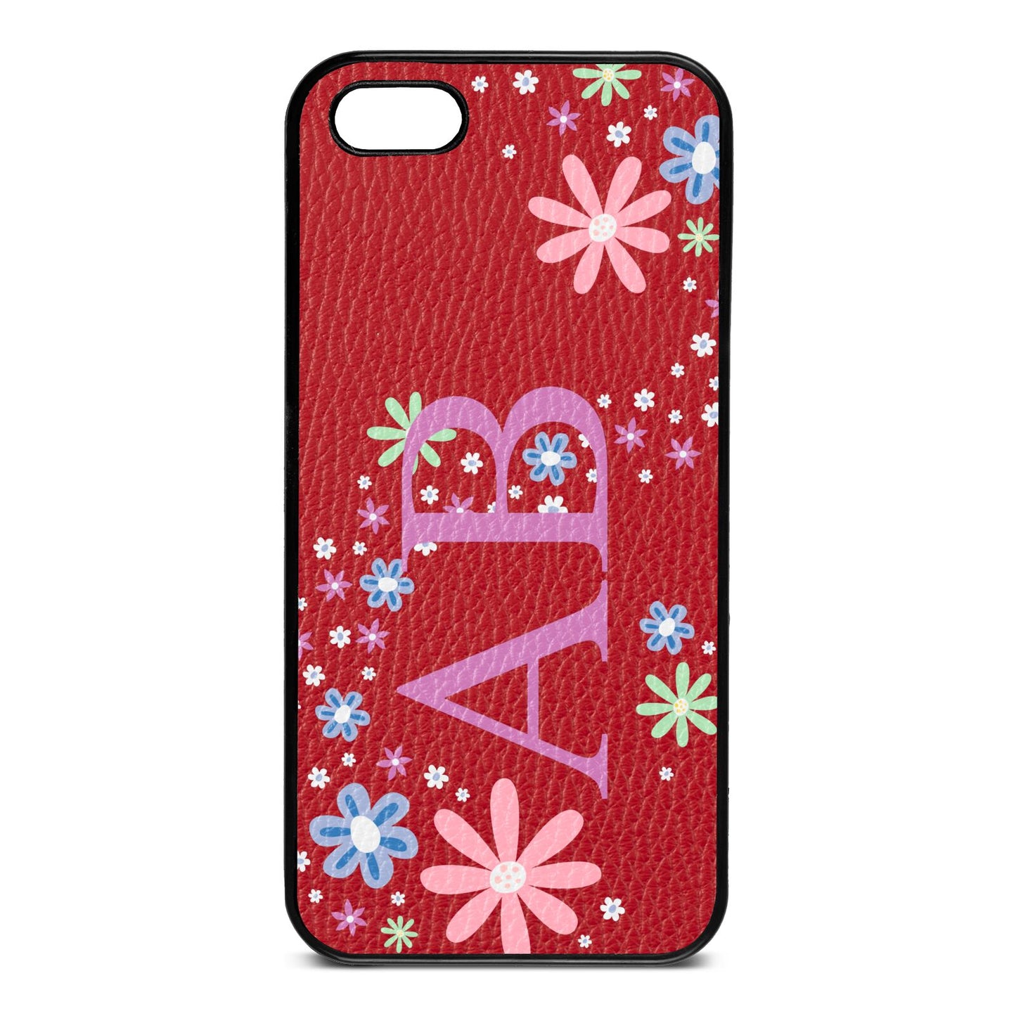 Personalised Floral Initials Red Pebble Leather iPhone 5 Case