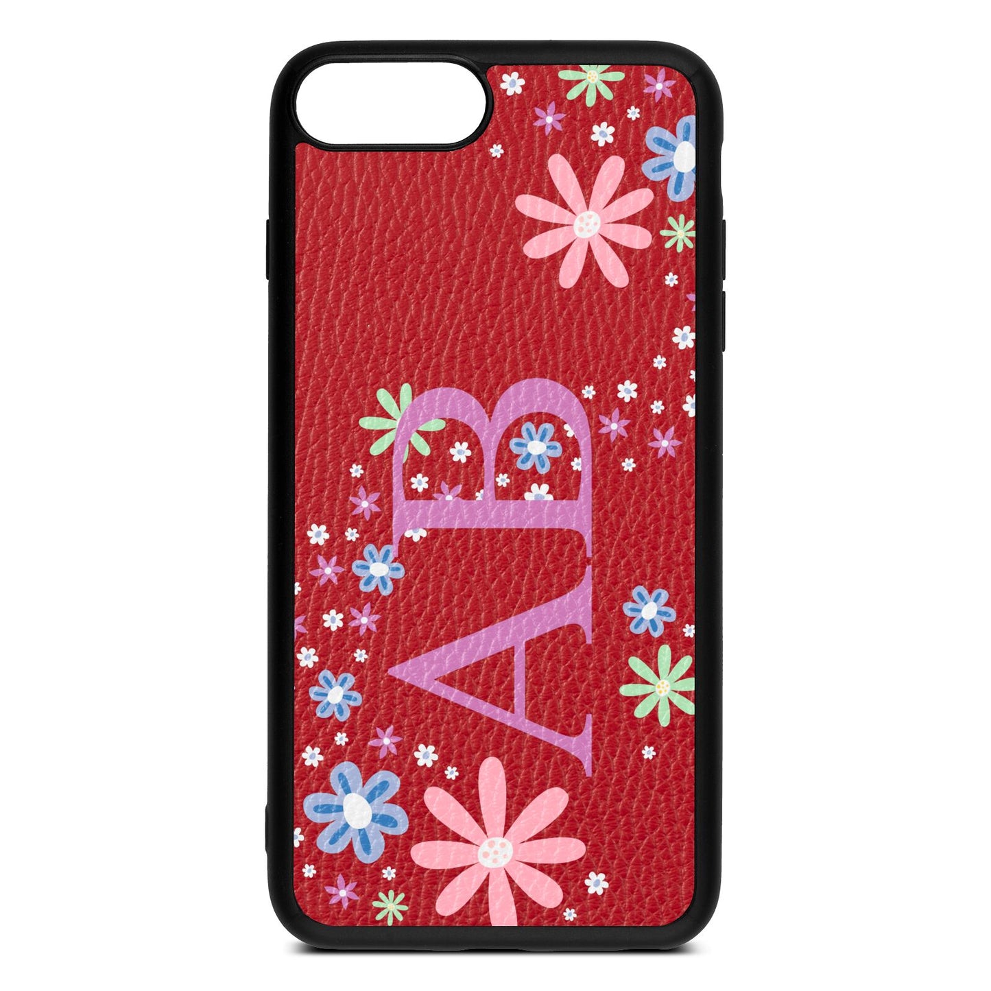 Personalised Floral Initials Red Pebble Leather iPhone 8 Plus Case