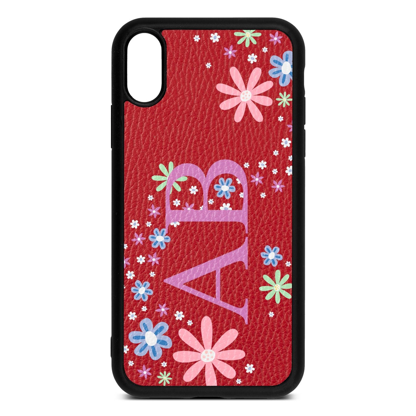 Personalised Floral Initials Red Pebble Leather iPhone Xr Case