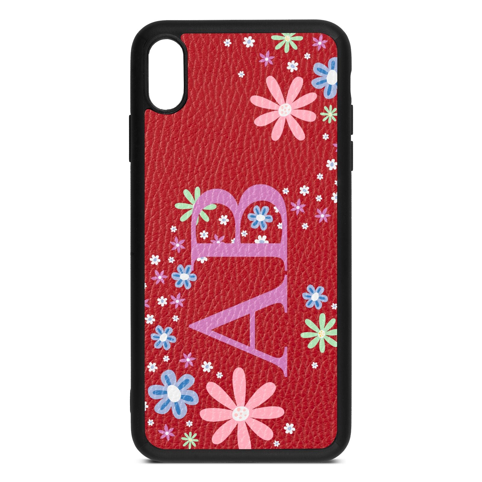 Personalised Floral Initials Red Pebble Leather iPhone Xs Max Case