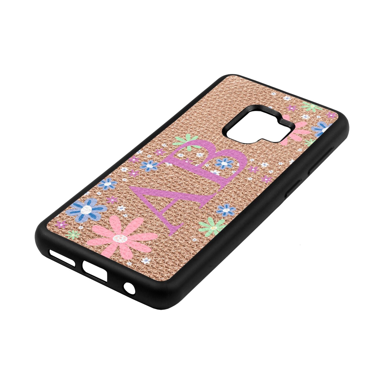Personalised Floral Initials Rose Gold Pebble Leather Samsung S9 Case Side Angle