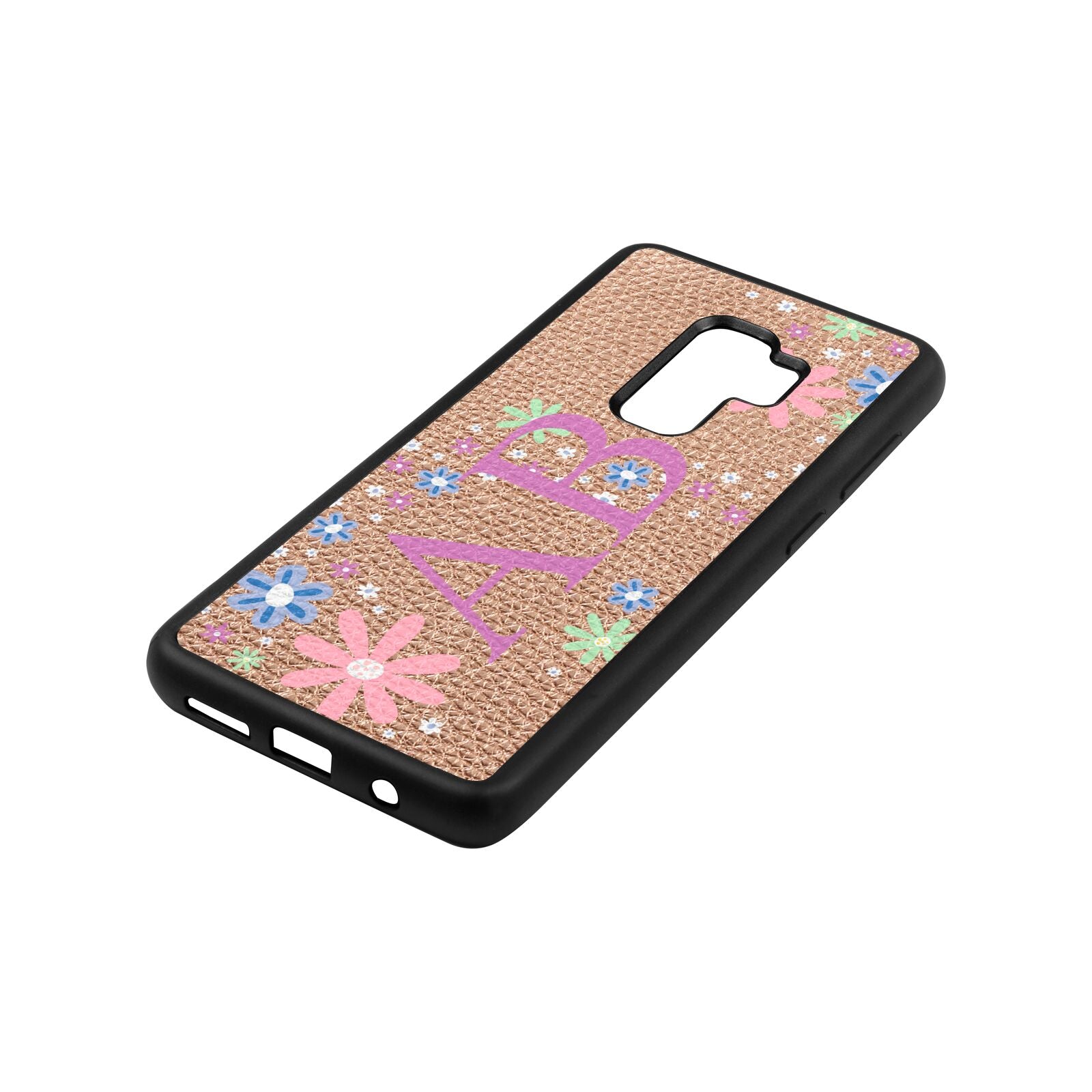 Personalised Floral Initials Rose Gold Pebble Leather Samsung S9 Plus Case Side Angle