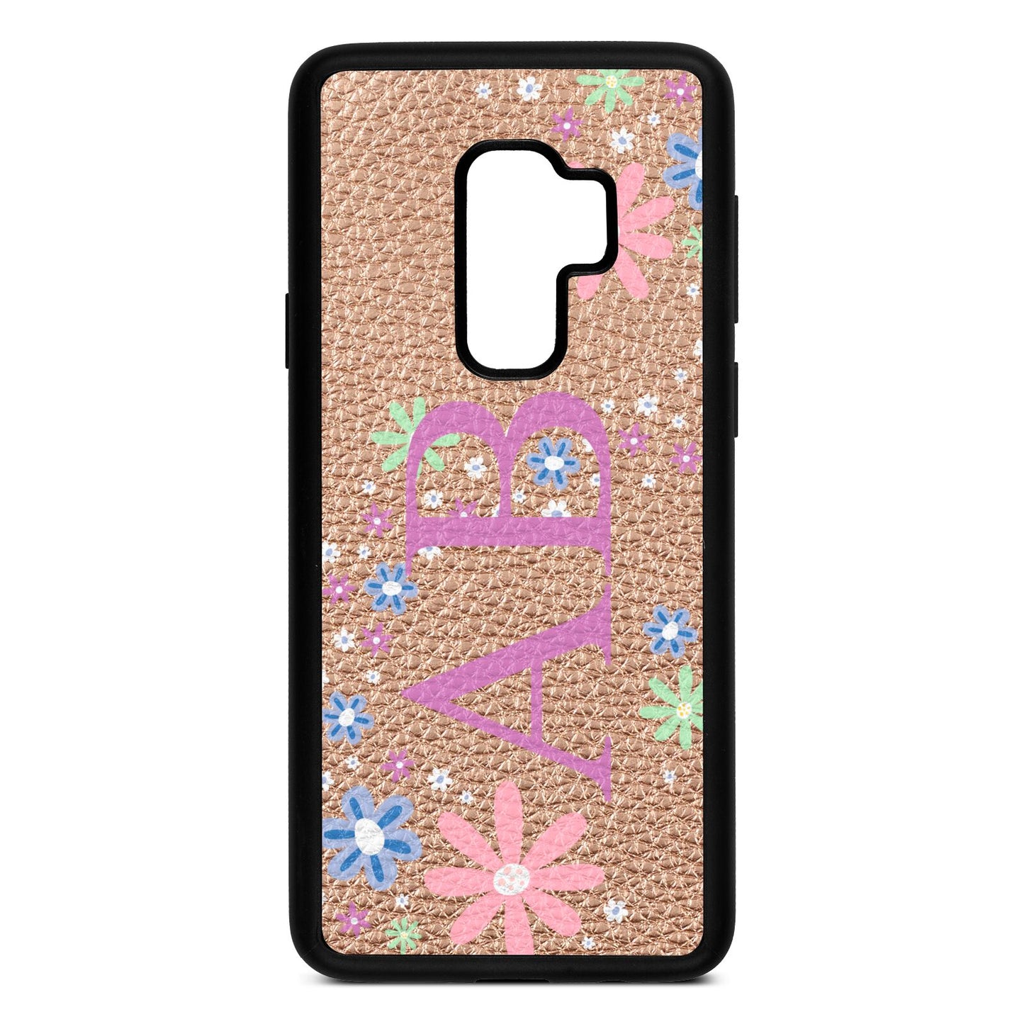 Personalised Floral Initials Rose Gold Pebble Leather Samsung S9 Plus Case