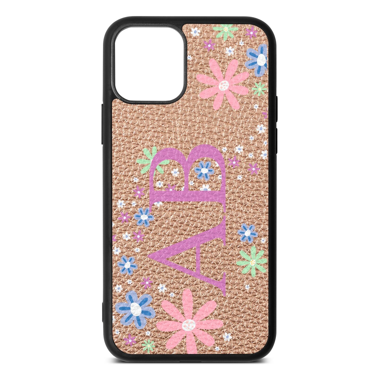 Personalised Floral Initials Rose Gold Pebble Leather iPhone 11 Case