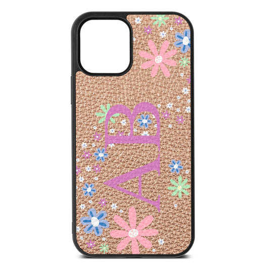 Personalised Floral Initials Rose Gold Pebble Leather iPhone 12 Case