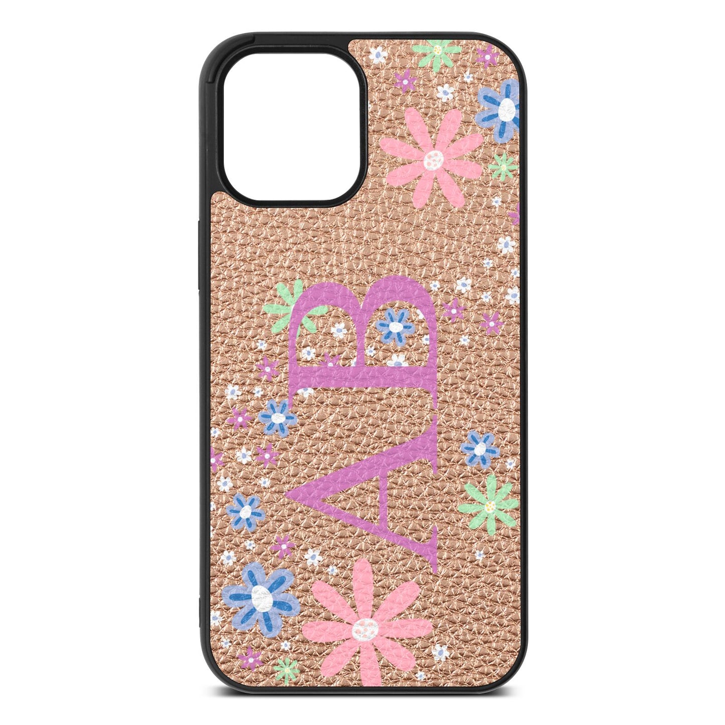 Personalised Floral Initials Rose Gold Pebble Leather iPhone 12 Pro Max Case