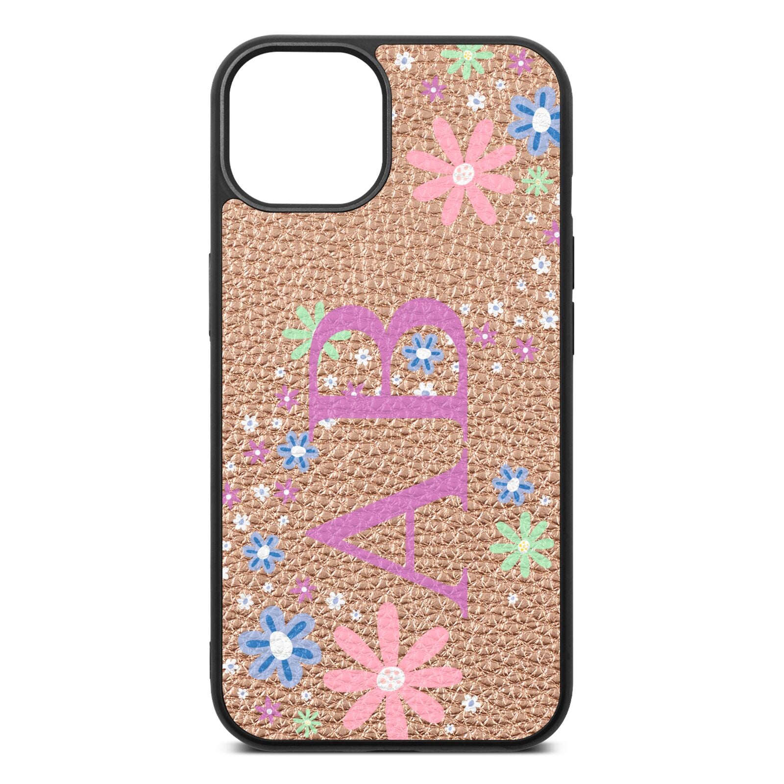 Personalised Floral Initials Rose Gold Pebble Leather iPhone 13 Case
