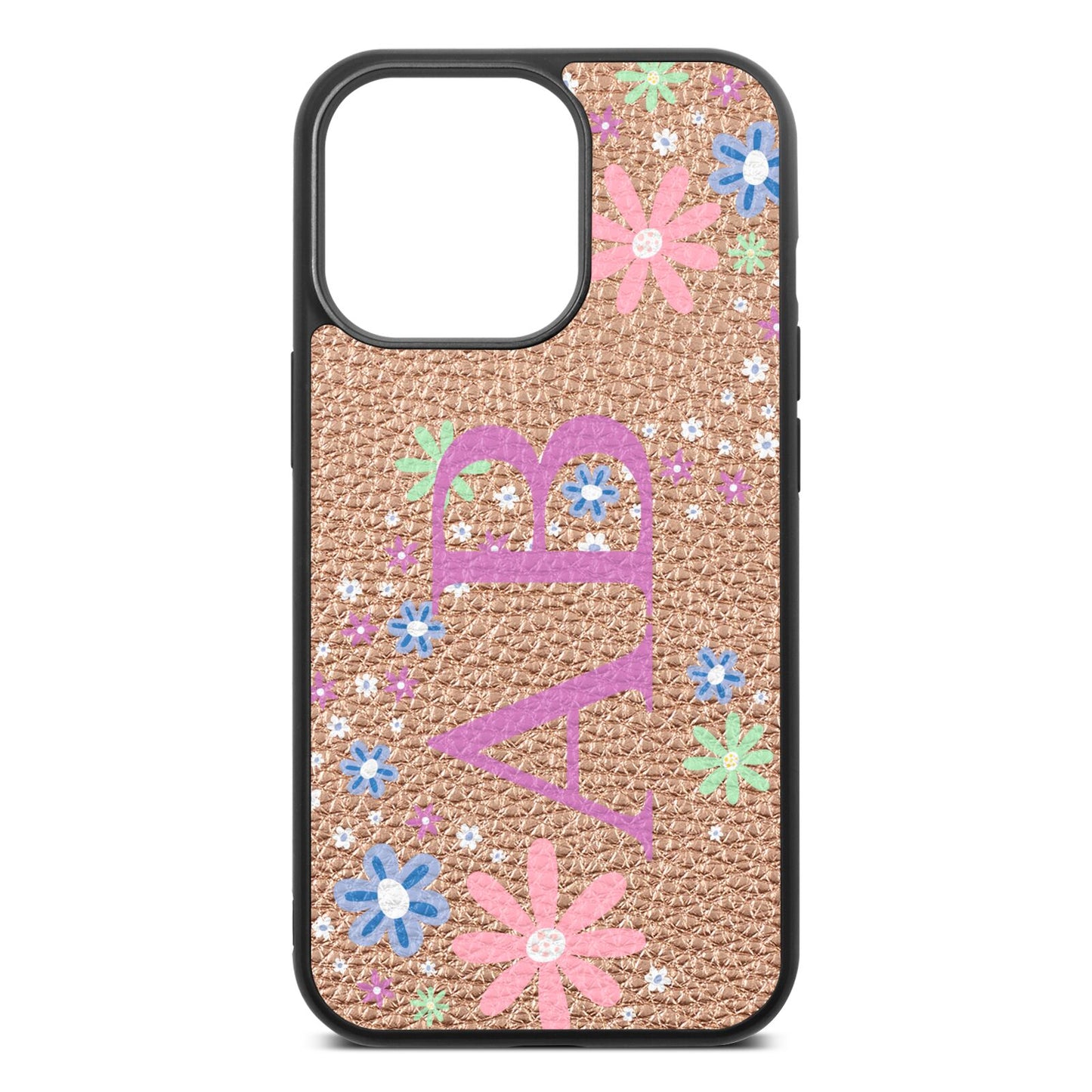 Personalised Floral Initials Rose Gold Pebble Leather iPhone 13 Pro Case