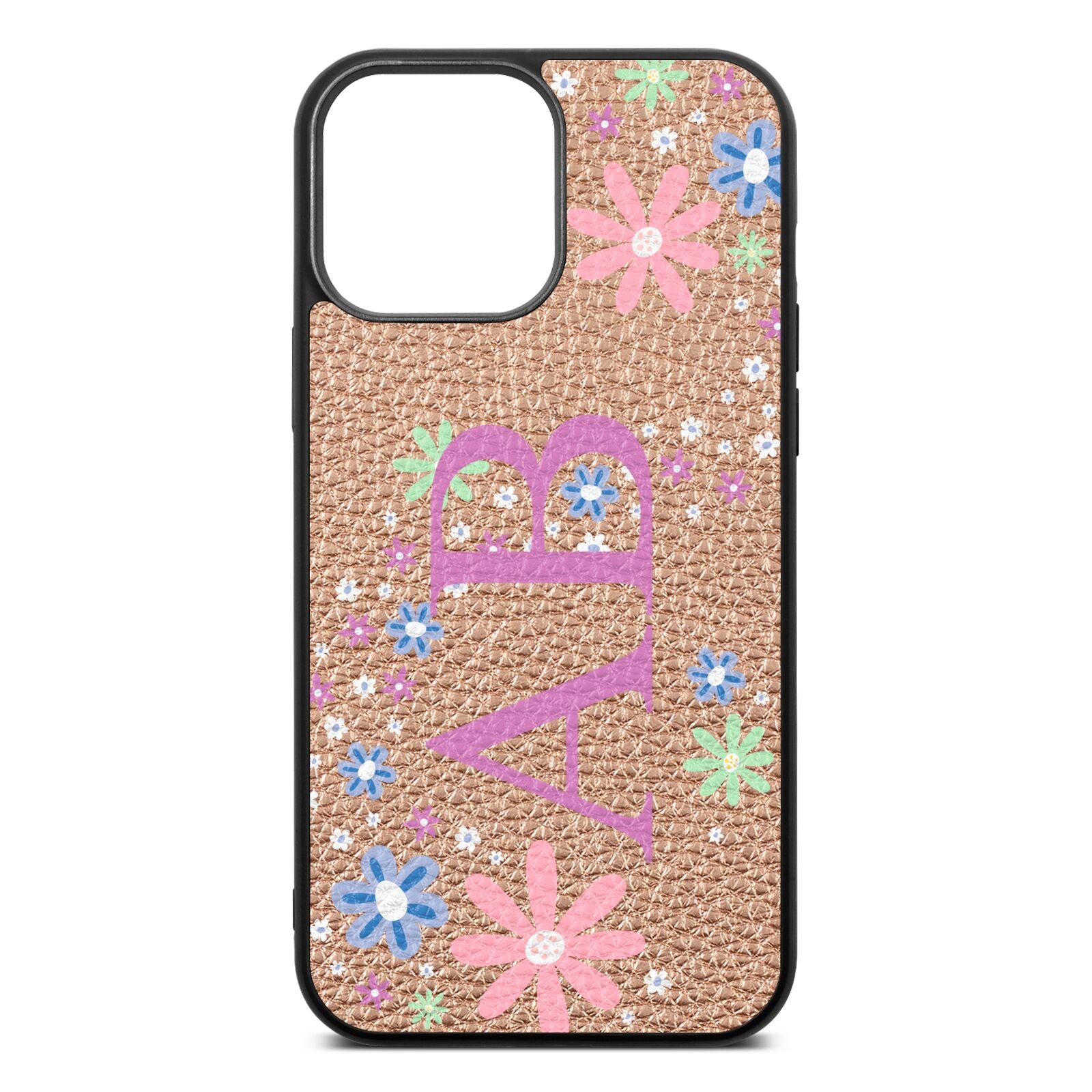 Personalised Floral Initials Rose Gold Pebble Leather iPhone 13 Pro Max Case