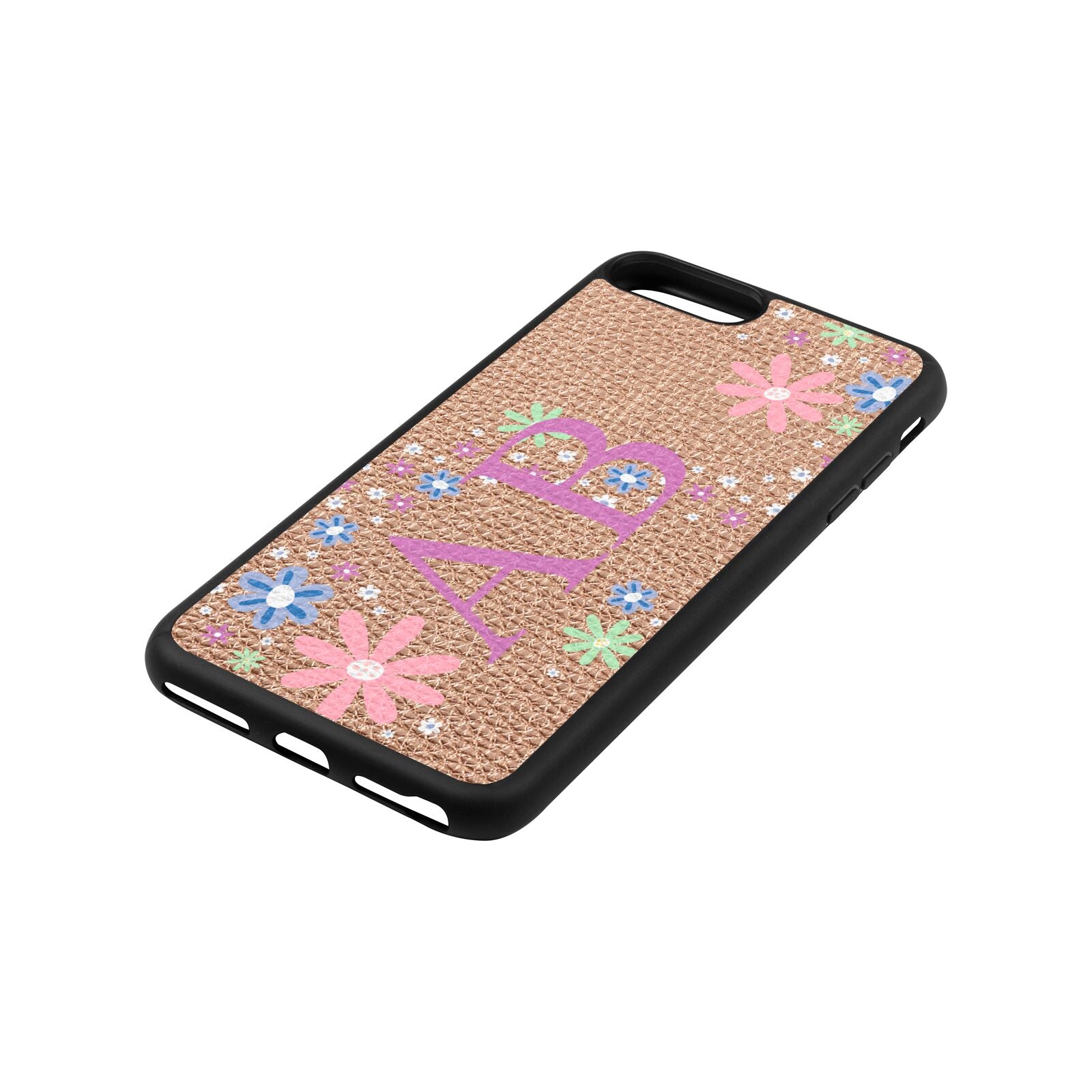 Personalised Floral Initials Rose Gold Pebble Leather iPhone 8 Plus Case Side Angle