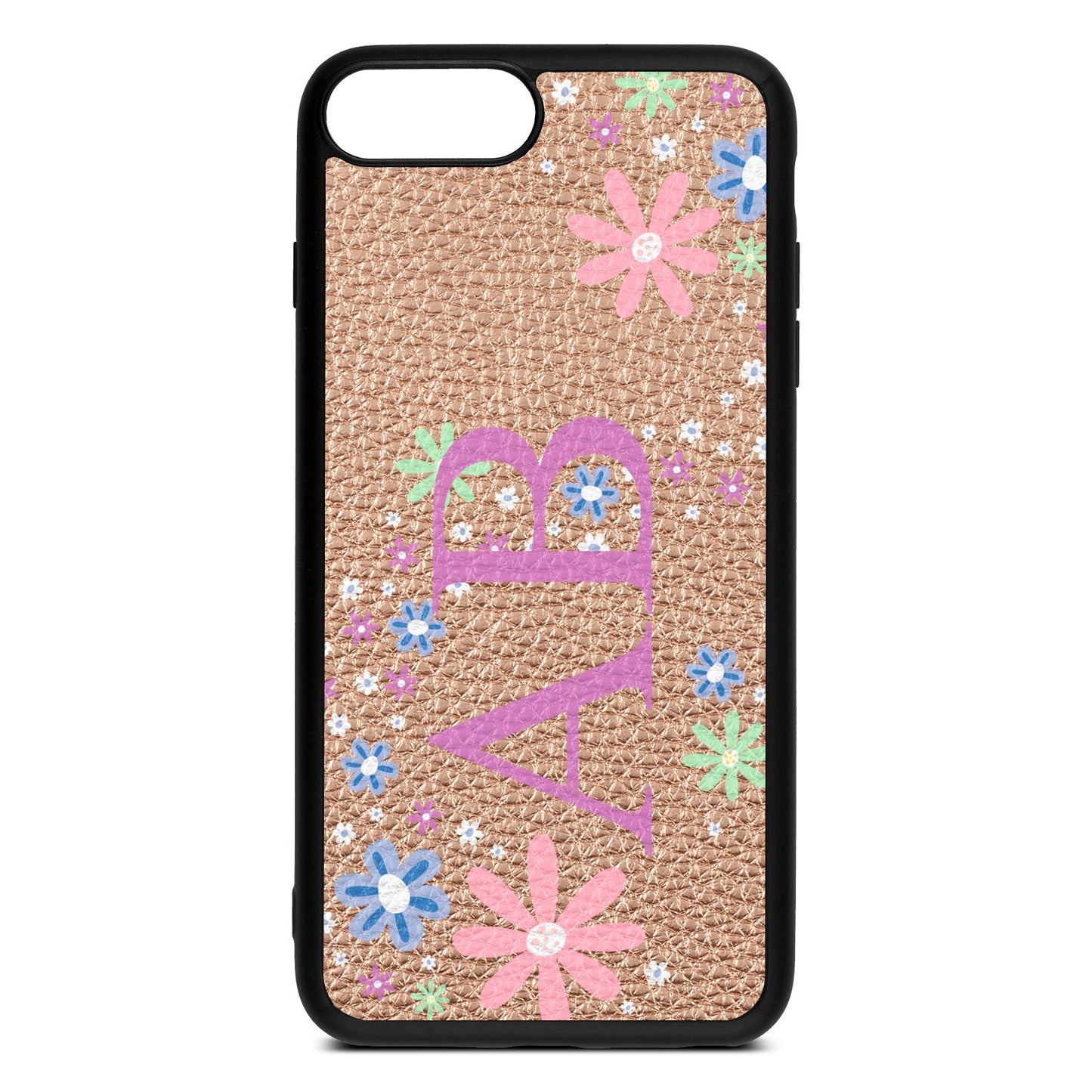 Personalised Floral Initials Rose Gold Pebble Leather iPhone 8 Plus Case