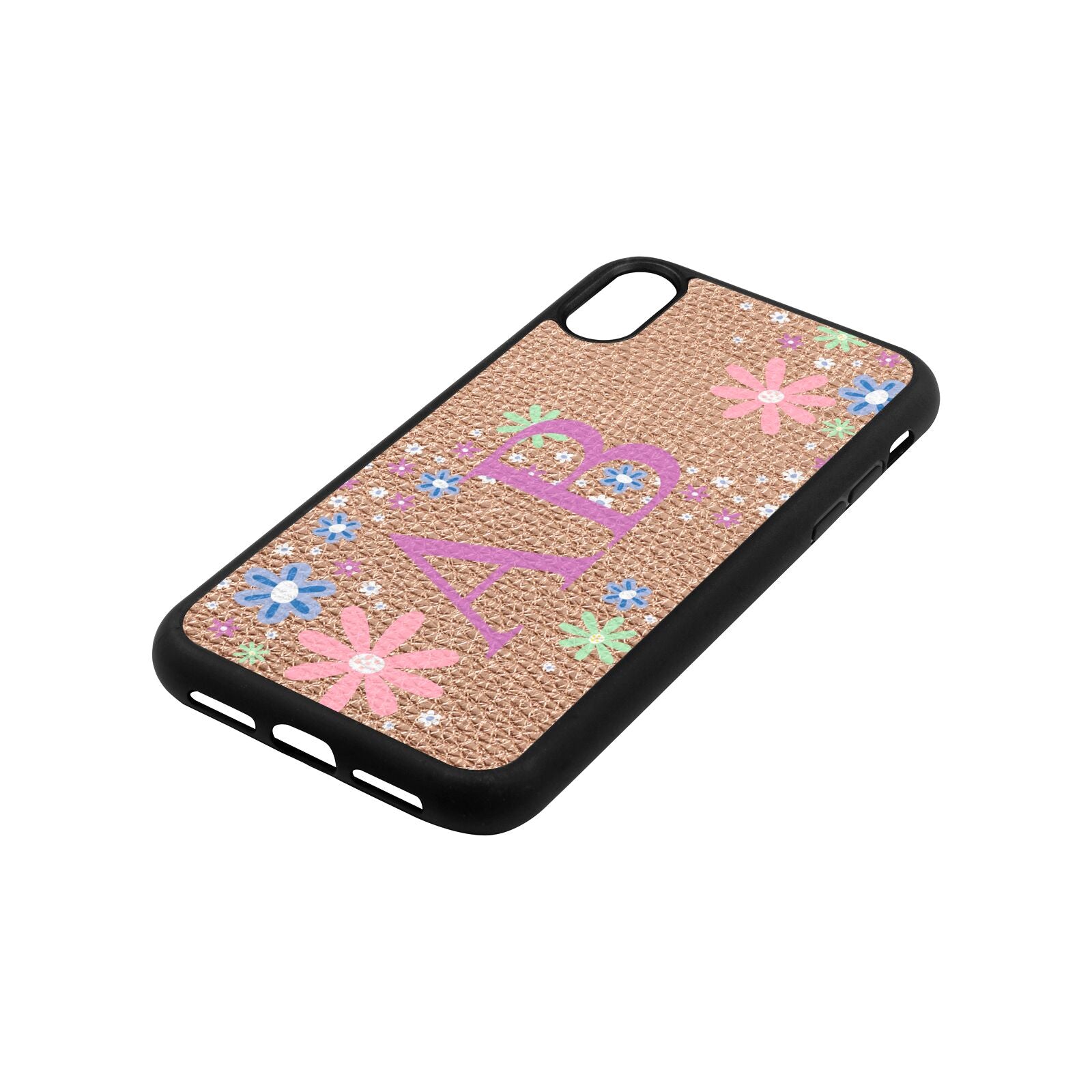 Personalised Floral Initials Rose Gold Pebble Leather iPhone Xr Case Side Angle