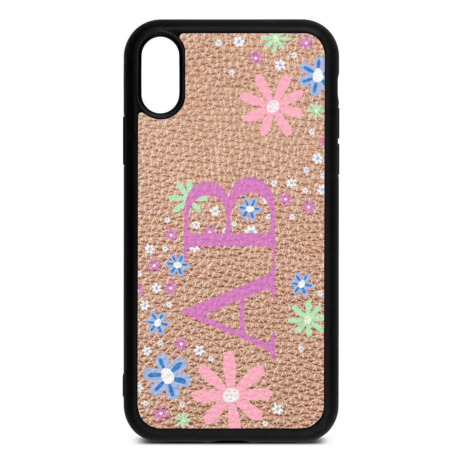 Personalised Floral Initials Rose Gold Pebble Leather iPhone Xr Case