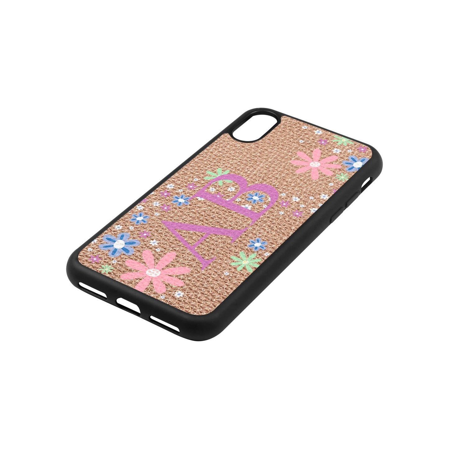 Personalised Floral Initials Rose Gold Pebble Leather iPhone Xs Case Side Angle